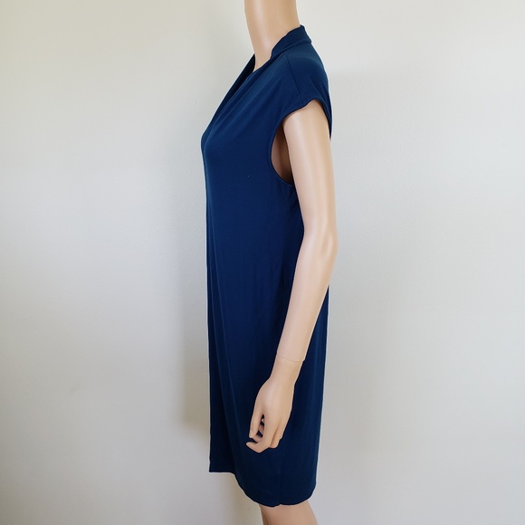 Three Dots Dress V Neck Viscose Blend Blue Sz M Capsule Minimalist Drape - Picture 3 of 6